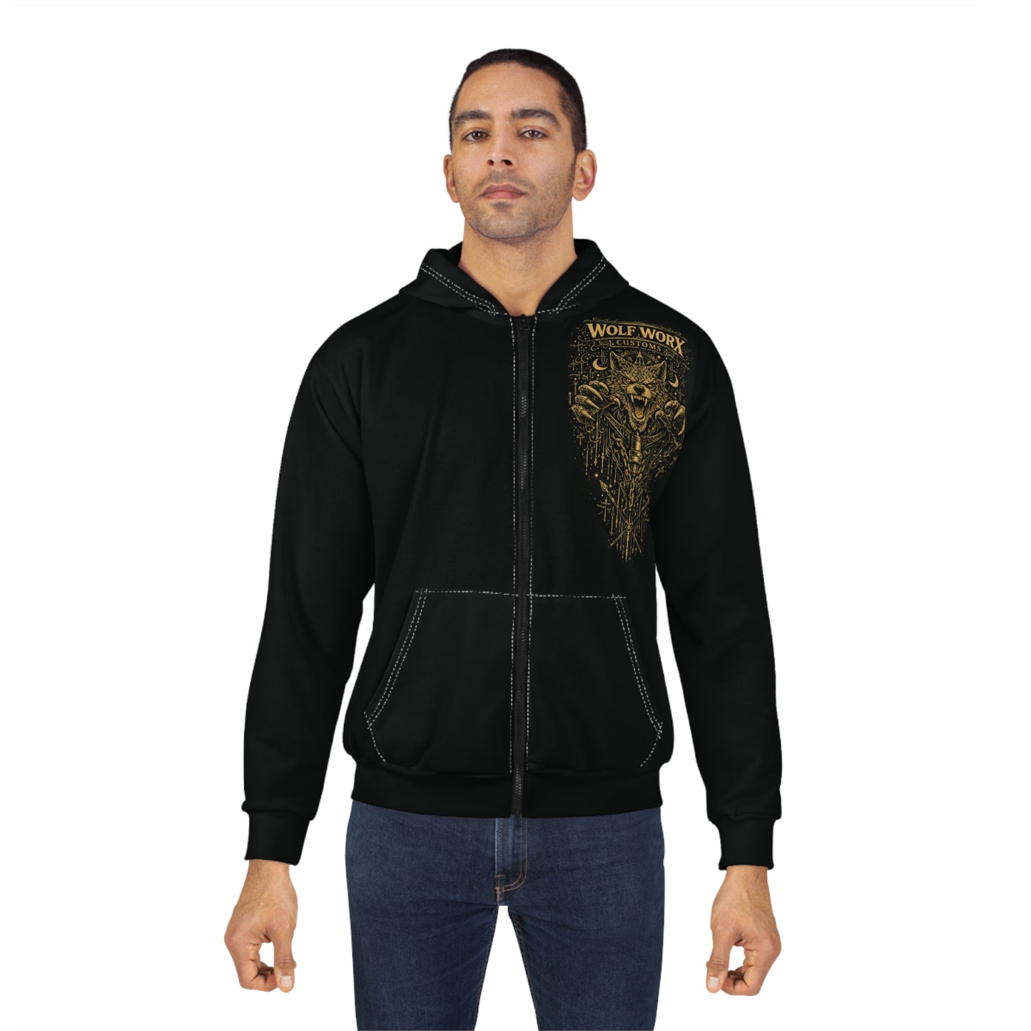 Wolf Worx Customs Zip Hoodie — Vintage Wolf Mechanic Graphic, West Palm Beach Performance Jacket