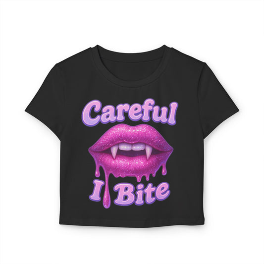 Careful I Bite vampire lips Crop Tee | Pink Dripping Lips graphic tee