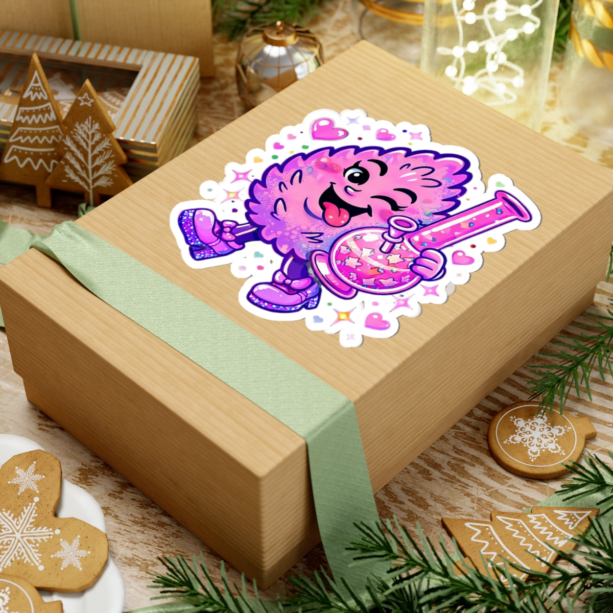 Winking Pink Nug with Beaker Sticker | Kiss-Cut Sticker, Cute Sparkle Design
