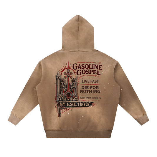 Wolf Worx Customs Gasoline Gospel Vintage Washed Frayed Fleece Hoodie