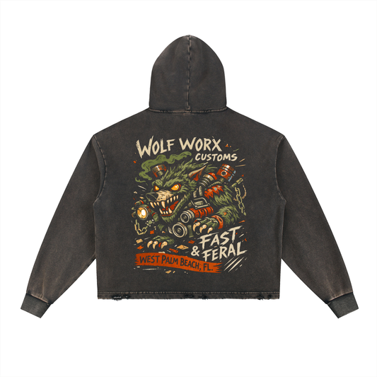 Wolf Worx Customs Gasoline Gospel Rat Fink Vintage Washed Frayed-Hem Hoodie