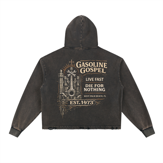 Wolf Worx Customs Gasoline Gospel Vintage Washed Frayed-Hem Hoodie