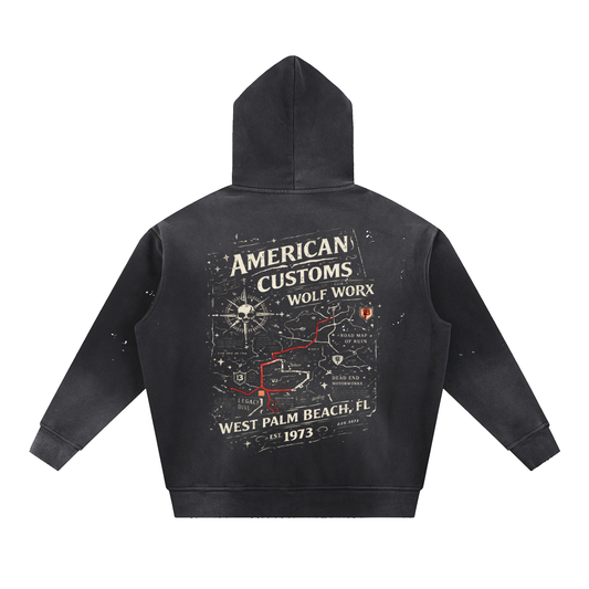VWolf Worx Customs Gasoline Gospel Checked Flag Vintage Washed Frayed Fleece Hoodie