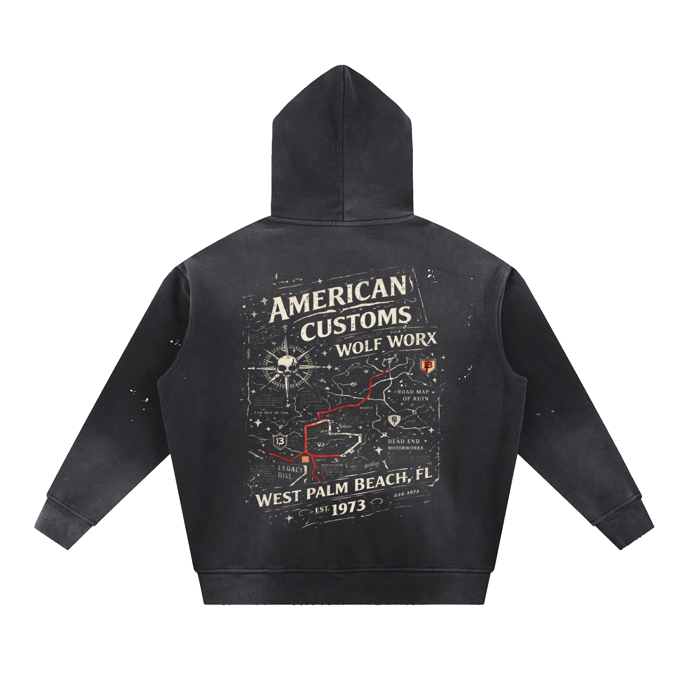VWolf Worx Customs Gasoline Gospel Checked Flag Vintage Washed Frayed Fleece Hoodie
