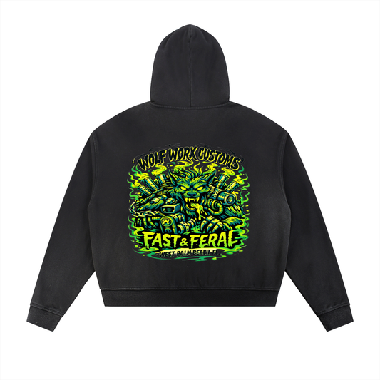 Wolf Worx Customs Gasoline Gospel Neon Demon Sun Fade Frayed Raw Edge Fleece Zip Hoodie
