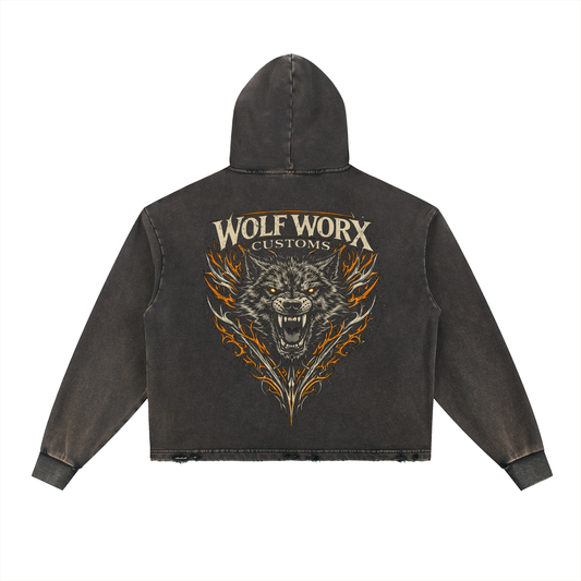 Wolf Worx Customs Pinstripe Crest Vintage Washed Frayed-Hem Hoodie