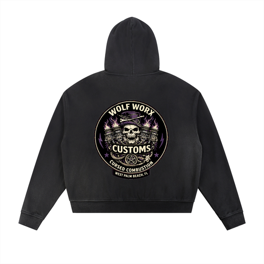 Wolf Worx Customs Gasoline Gospel Voodoo Sun Fade Frayed Raw Edge Fleece Zip Hoodie