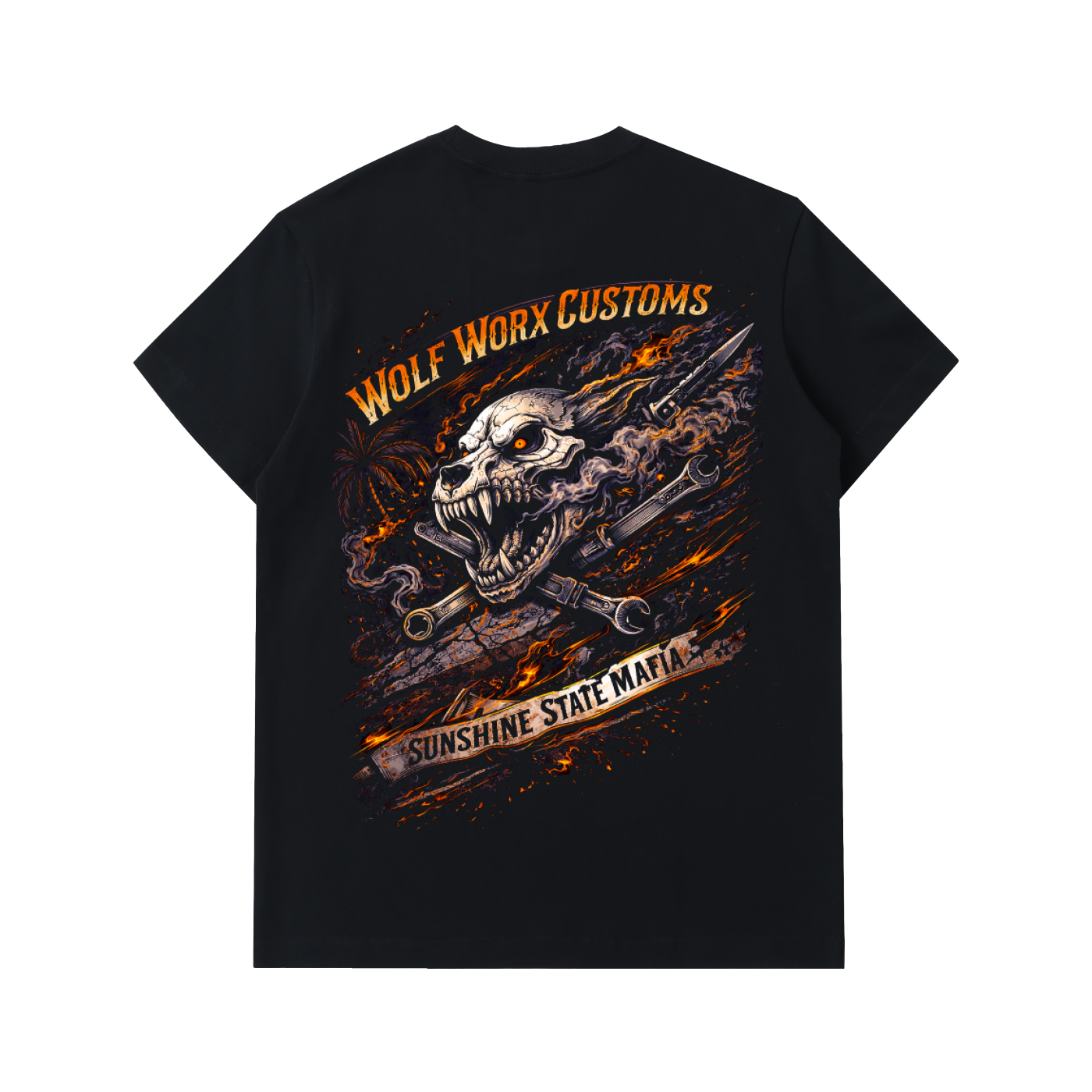 Wolf Worx Customs Sunshine State Mafia Flaming Badge Essential Heavyweight Cotton T-Shirt