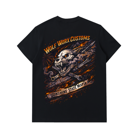 Wolf Worx Customs Sunshine State Mafia Flaming Badge Essential Heavyweight Cotton T-Shirt