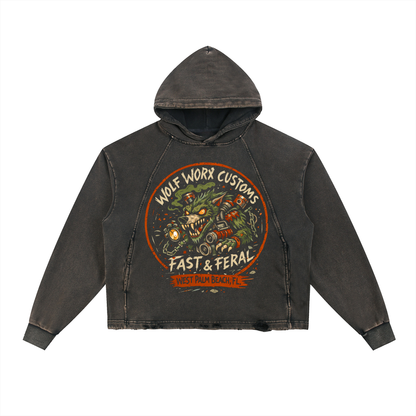 Wolf Worx Customs Gasoline Gospel Rat Fink Vintage Washed Frayed-Hem Hoodie