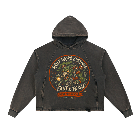 Wolf Worx Customs Gasoline Gospel Rat Fink Vintage Washed Frayed-Hem Hoodie