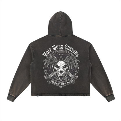 Wolf Worx Customs Sunshine State Mafia Vintage Washed Frayed-Hem Hoodie