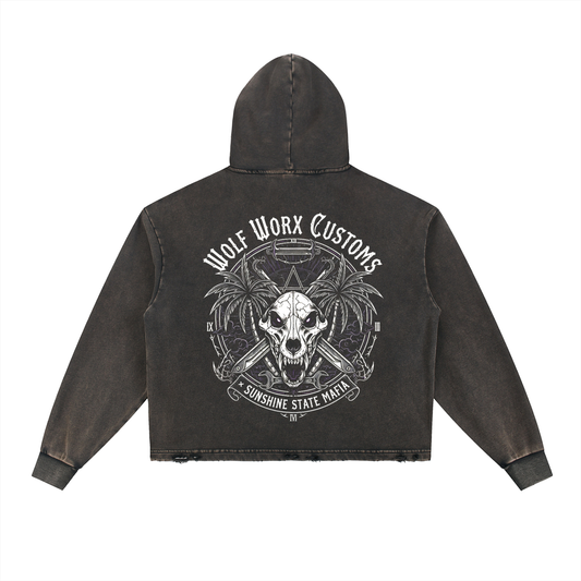 Wolf Worx Customs Sunshine State Mafia Vintage Washed Frayed-Hem Hoodie