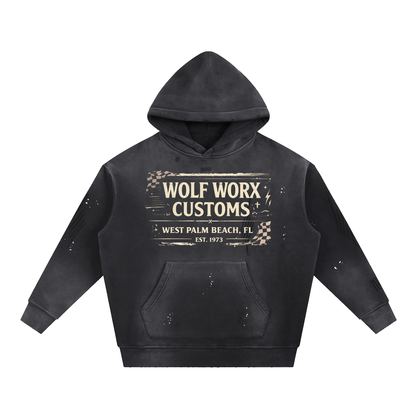 VWolf Worx Customs Gasoline Gospel Checked Flag Vintage Washed Frayed Fleece Hoodie