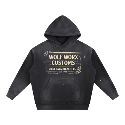 VWolf Worx Customs Gasoline Gospel Checked Flag Vintage Washed Frayed Fleece Hoodie