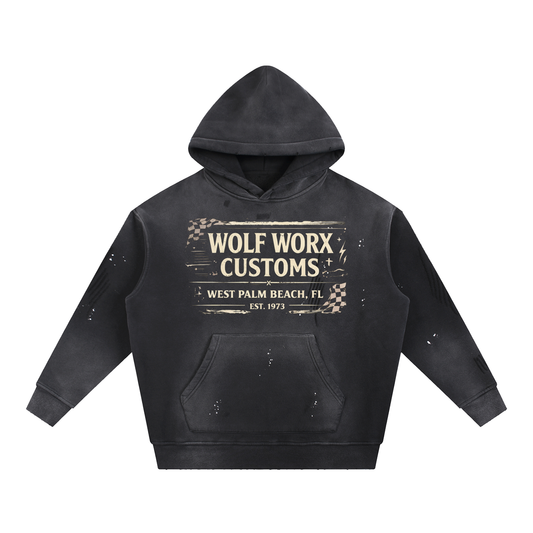 VWolf Worx Customs Gasoline Gospel Checked Flag Vintage Washed Frayed Fleece Hoodie