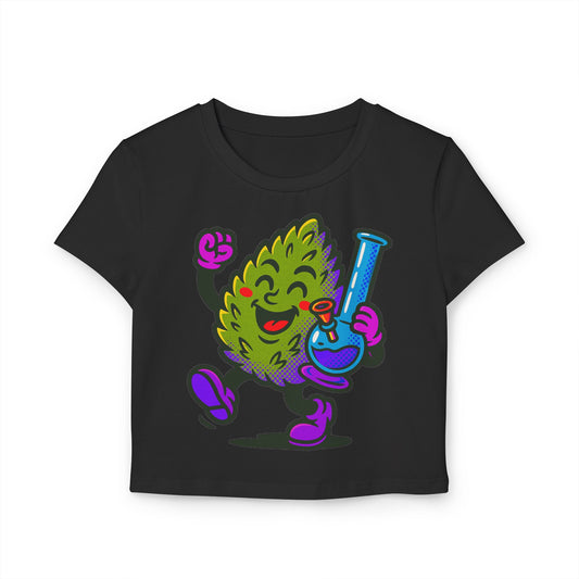 Happy Cannabis Bud Holding Bong Baby Tee | Cute Stoner Cartoon Tee