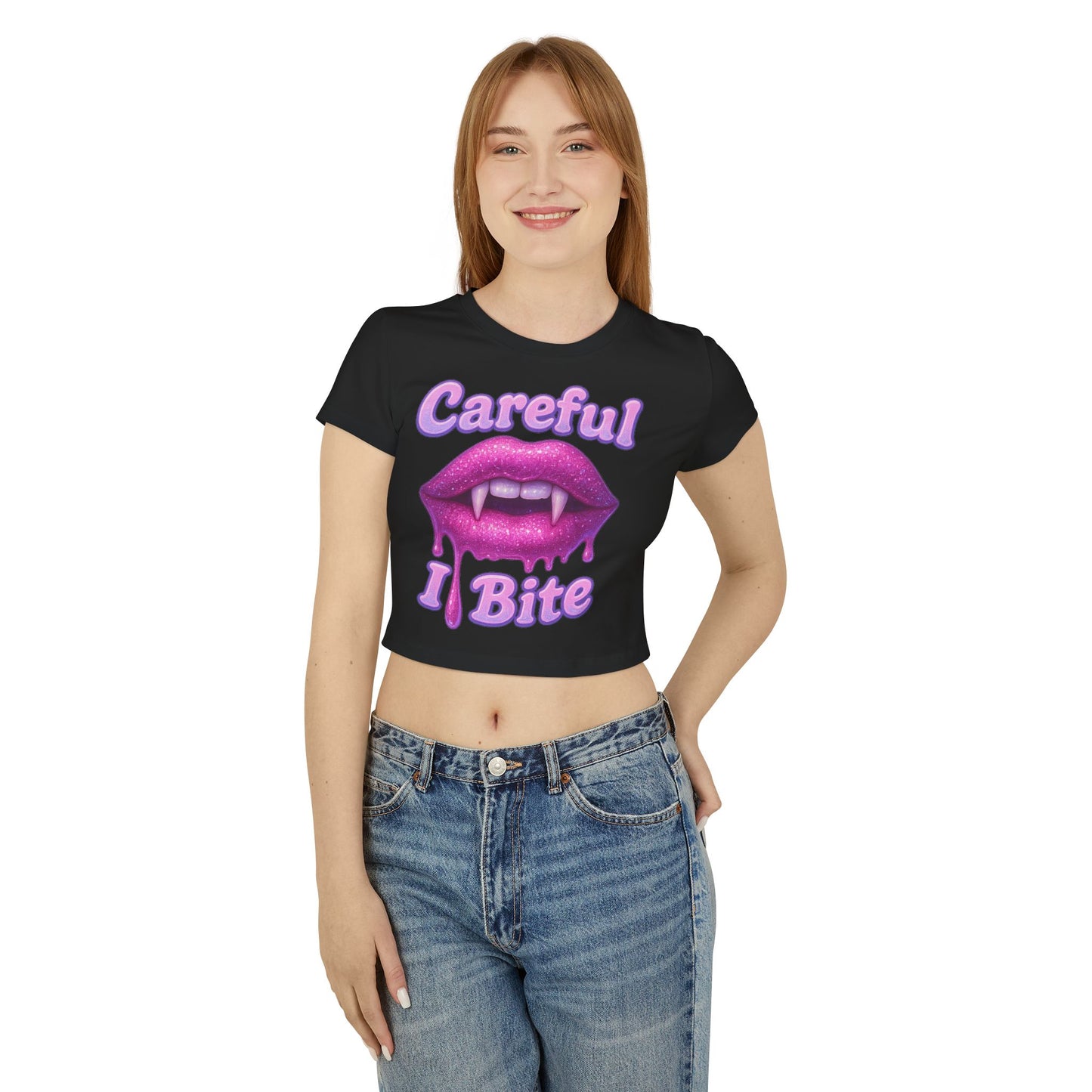 Careful I Bite vampire lips Crop Tee | Pink Dripping Lips graphic tee