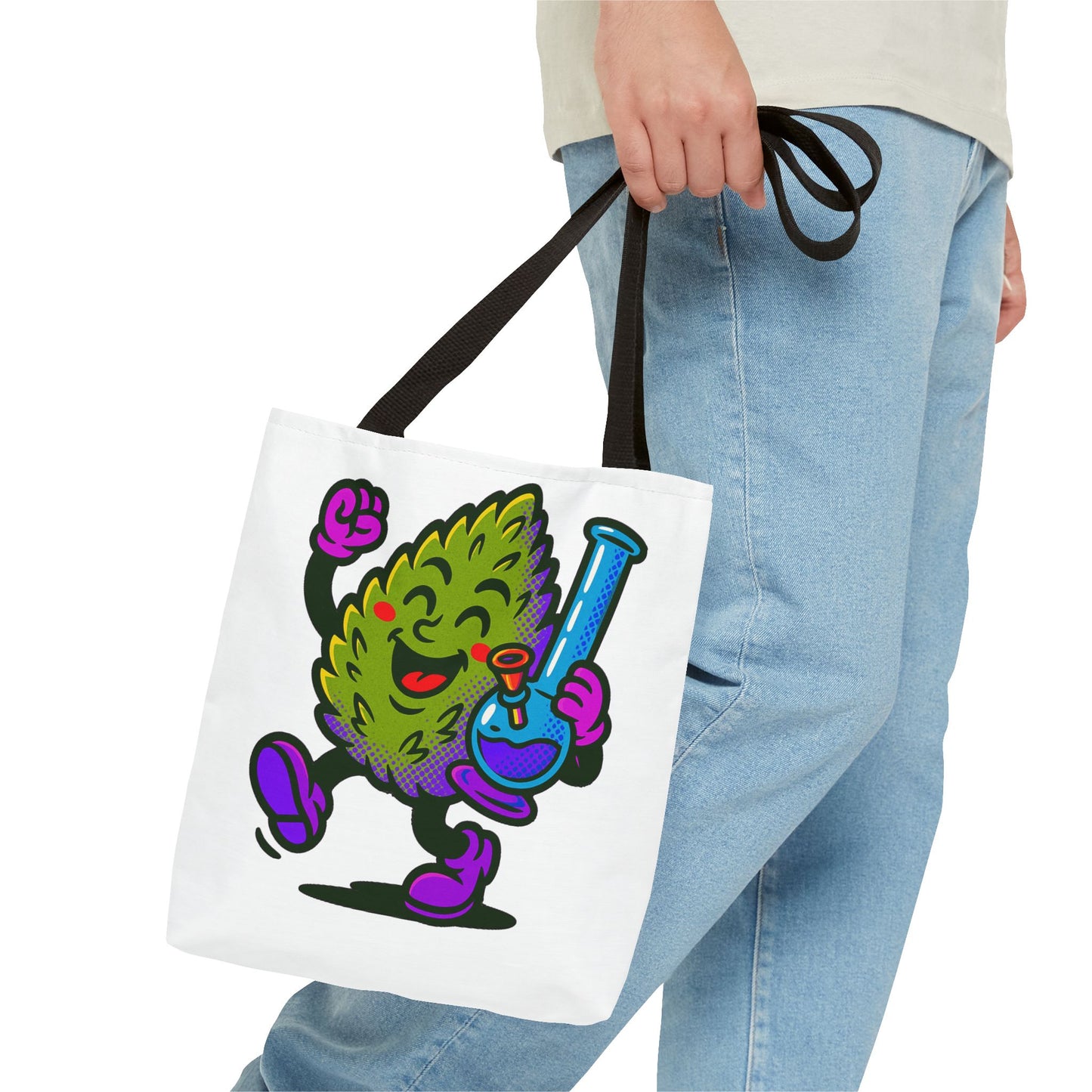 Happy Cannabis Nug Character Tote Bag | Marijuana Leaf with Bong Illustration