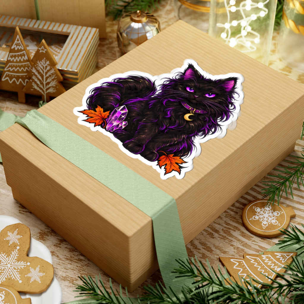 Purple Mystic Black Cat sticker | Halloween crystal moon kiss-cut sticker