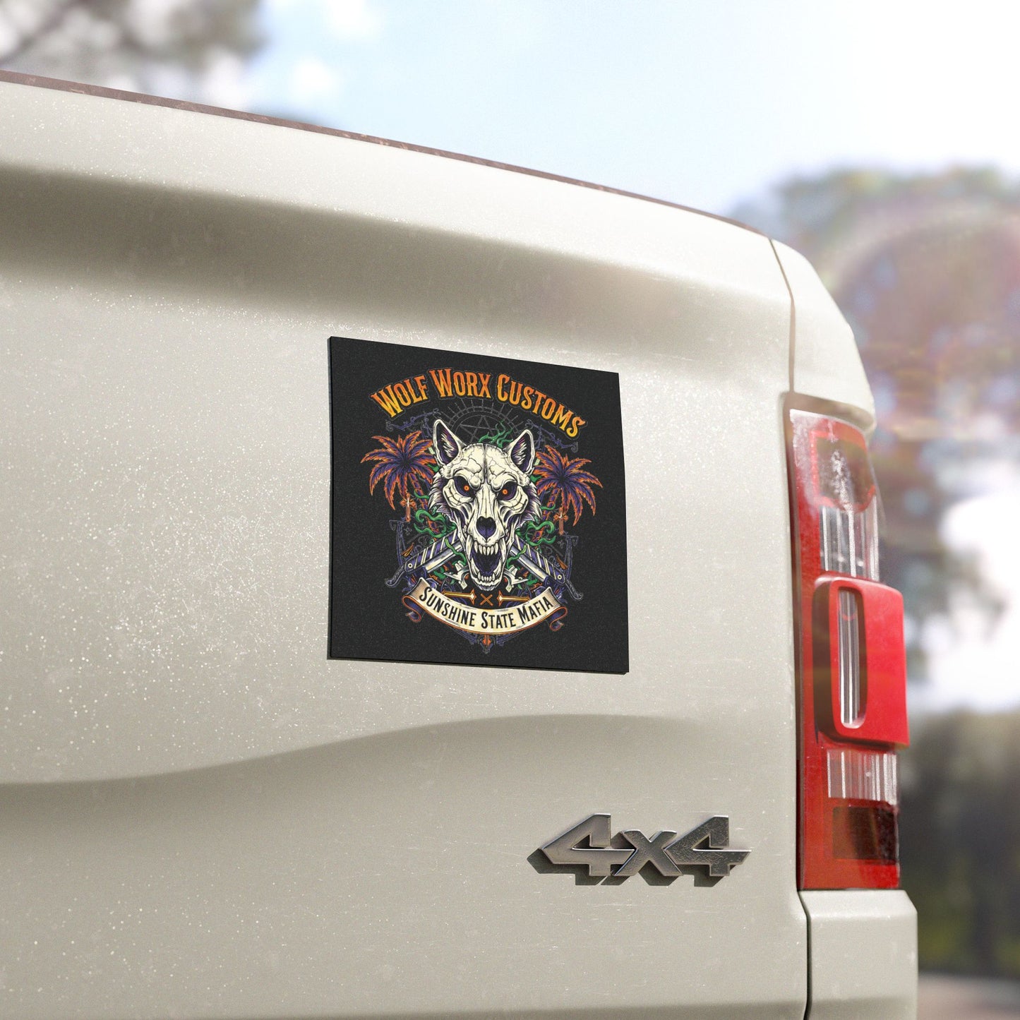 Wolf Worx Customs 'Sunshine State Mafia' Car Magnet — Skull Wolf Palm Trees