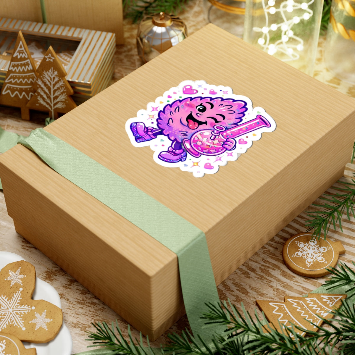 Winking Pink Nug with Beaker Sticker | Kiss-Cut Sticker, Cute Sparkle Design