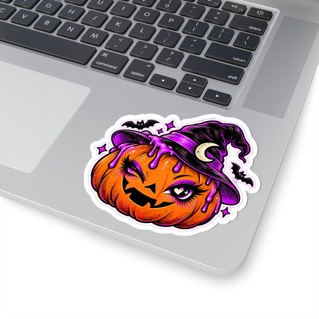 Winking Jack-o'-Lantern sticker | Kiss-Cut Sticker, Halloween witch hat pumpkin, purple drips