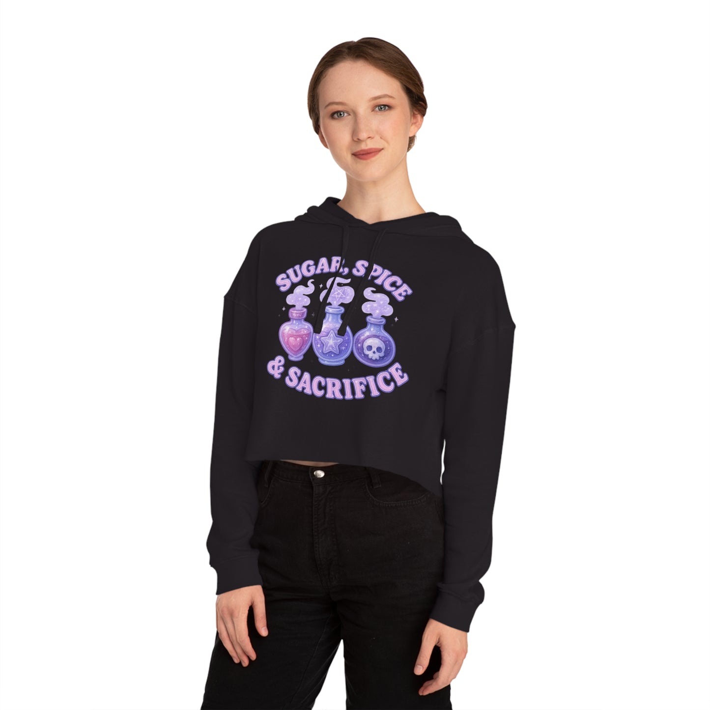 Sugar, Spice & Sacrifice cropped hoodie | Potion bottles witchy graphic