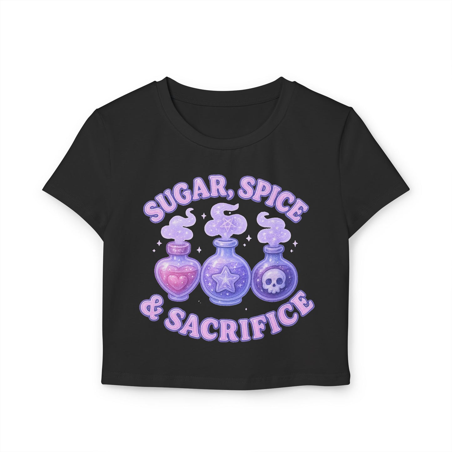 Sugar, Spice & Sacrifice baby tee | Potion bottles, pastel witchy design