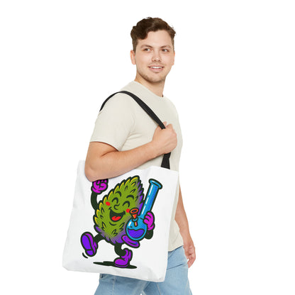 Happy Cannabis Nug Character Tote Bag | Marijuana Leaf with Bong Illustration