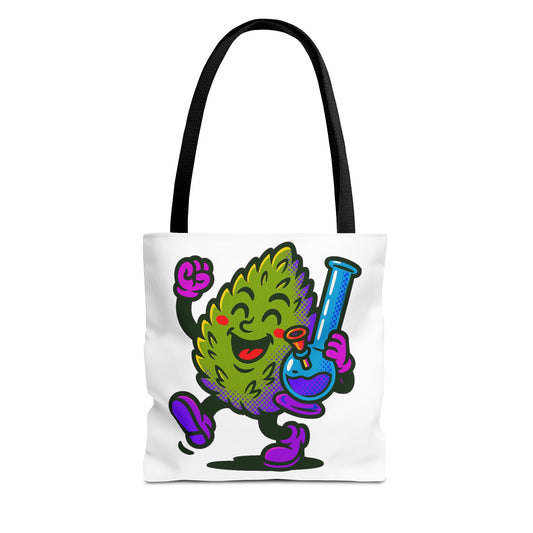 Happy Cannabis Nug Character Tote Bag | Marijuana Leaf with Bong Illustration