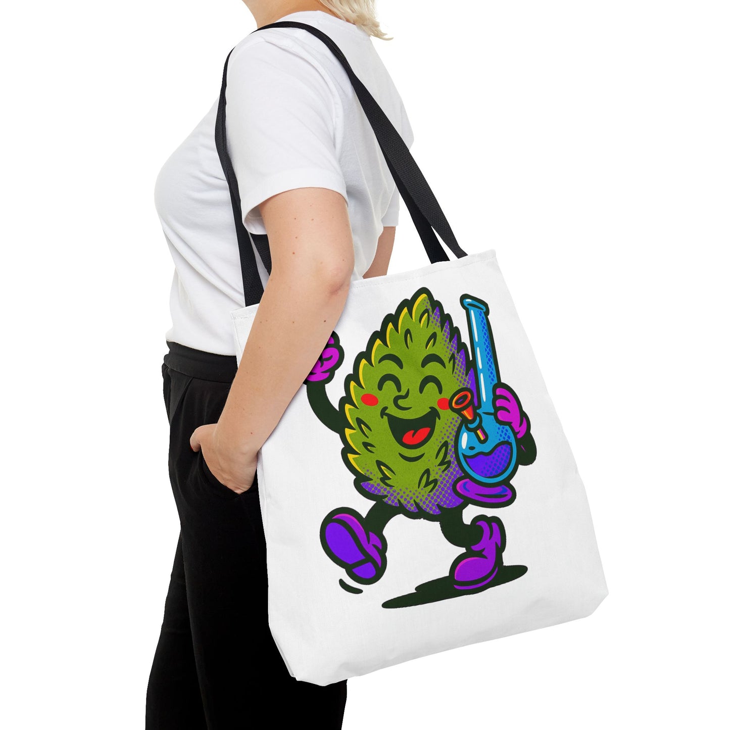 Happy Cannabis Nug Character Tote Bag | Marijuana Leaf with Bong Illustration