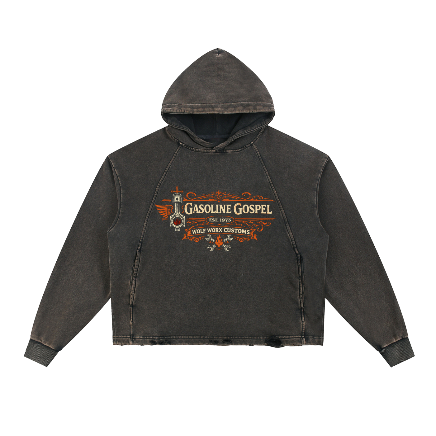 Wolf Worx Customs Gasoline Gospel Vintage Washed Frayed-Hem Hoodie