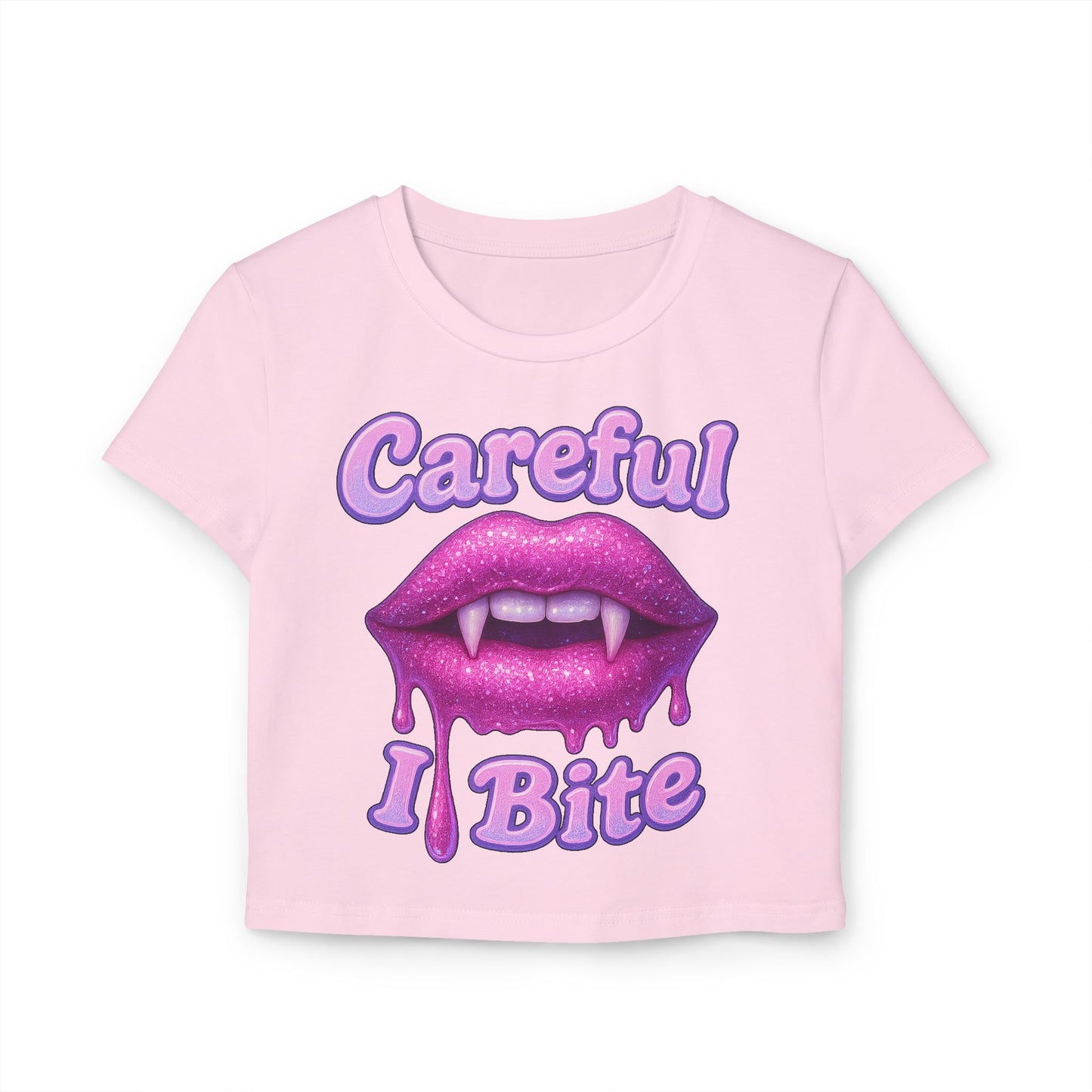 Careful I Bite vampire lips Crop Tee | Pink Dripping Lips graphic tee
