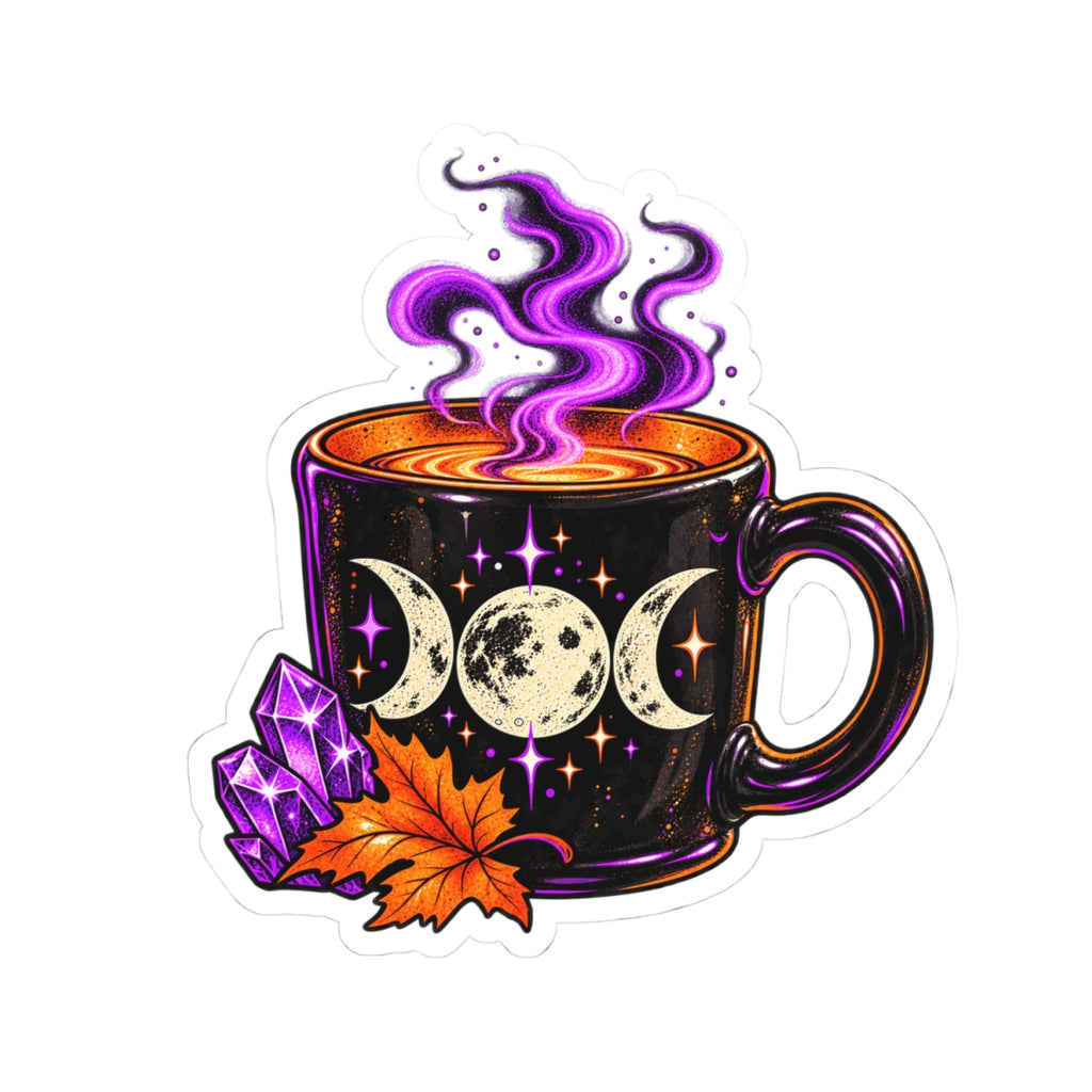 Triple Moon Mug sticker | Witchy Autumn coffee, crystals, purple steam