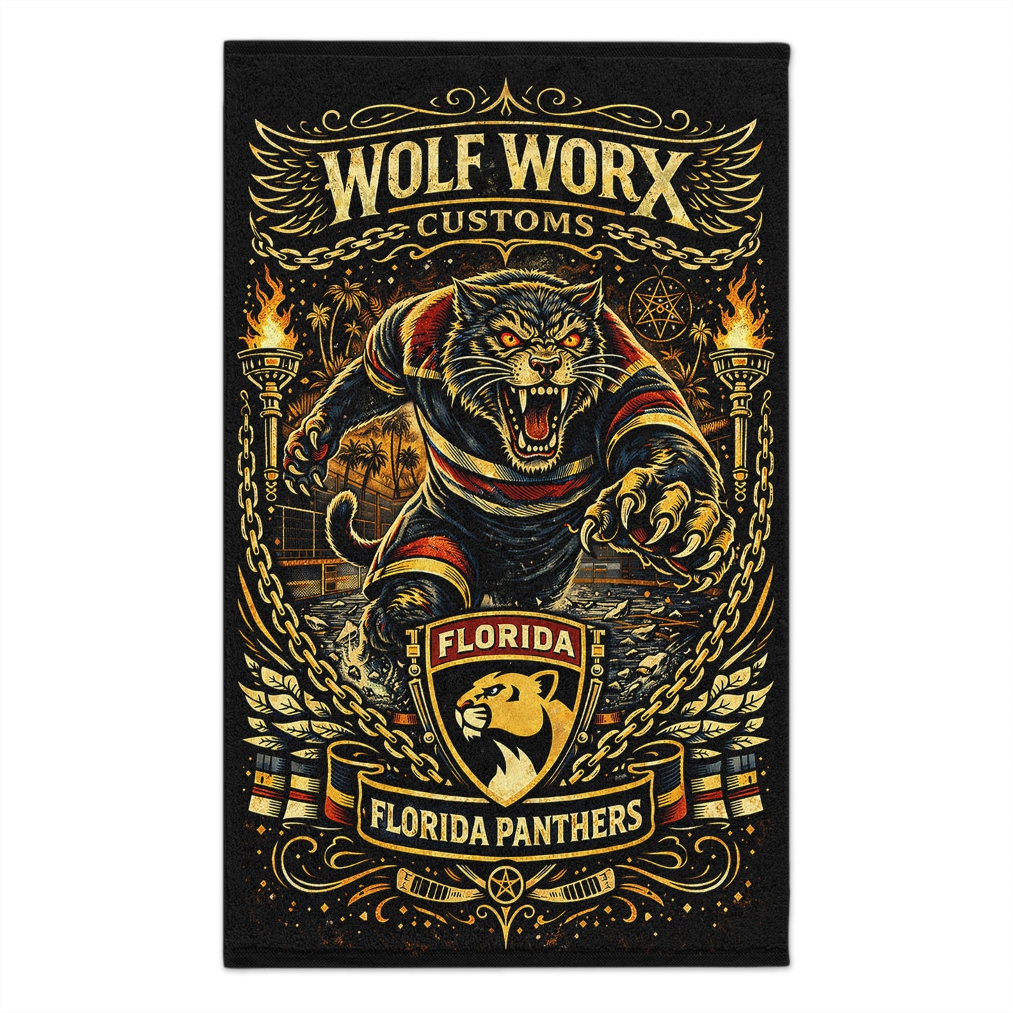 Wolf Worx Customs Florida Panthers Fan Rally Towel — Vintage Winter Classic Jersey Meets Von Dutch Pinstripe Hand Designed