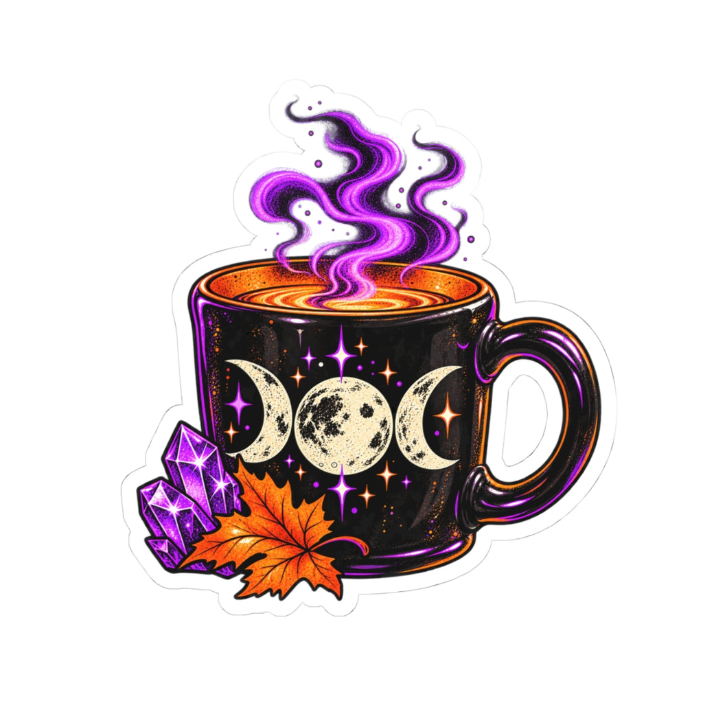 Triple Moon Mug sticker | Witchy Autumn coffee, crystals, purple steam