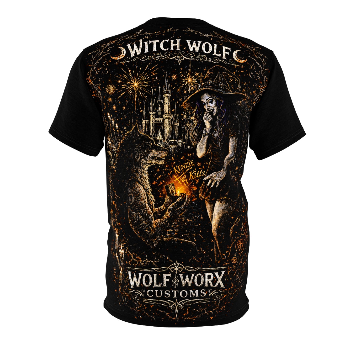 Wolf Worx Customs x Kenzie Killz x Witch Wolf Engagement Collab T-Shirt (Design Based On Our Actual Engagement Photo)