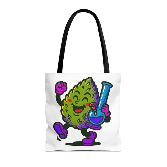 Happy Cannabis Nug Character Tote Bag | Marijuana Leaf with Bong Illustration