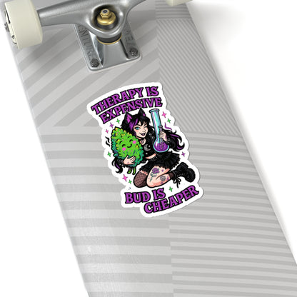 "Therapy Is Expensive, Bud Is Cheaper" Cute Cannabis Therapy Stickers | Funky Decal for Water Bottles, Laptops, Mugs | Perfect for Cannabis Lovers, Gifts, Self-Care