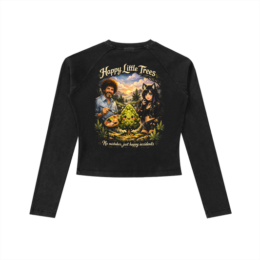 Kenzie Killz Happy Little Trees Bob Ross Cannabis Dyed Washed Raglan Long Sleeve Slim T-Shirt