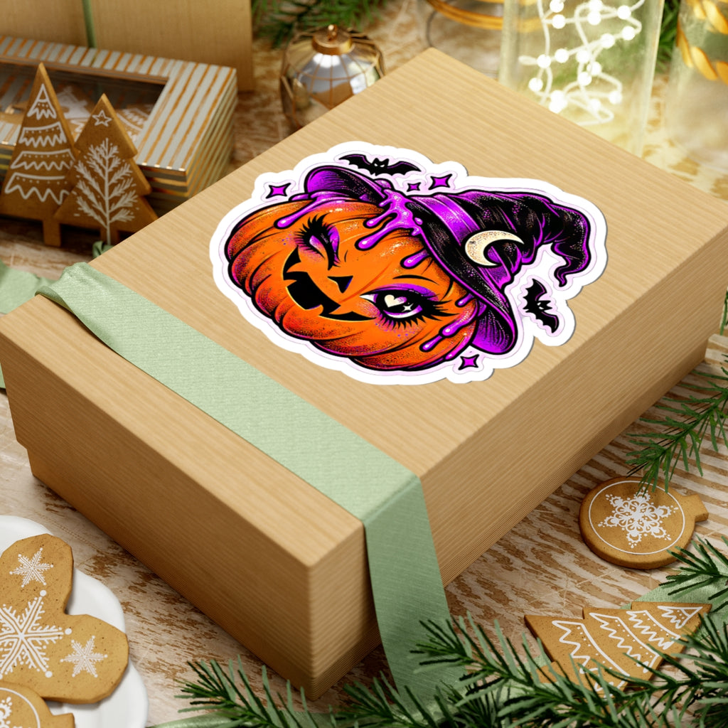 Winking Jack-o'-Lantern sticker | Kiss-Cut Sticker, Halloween witch hat pumpkin, purple drips