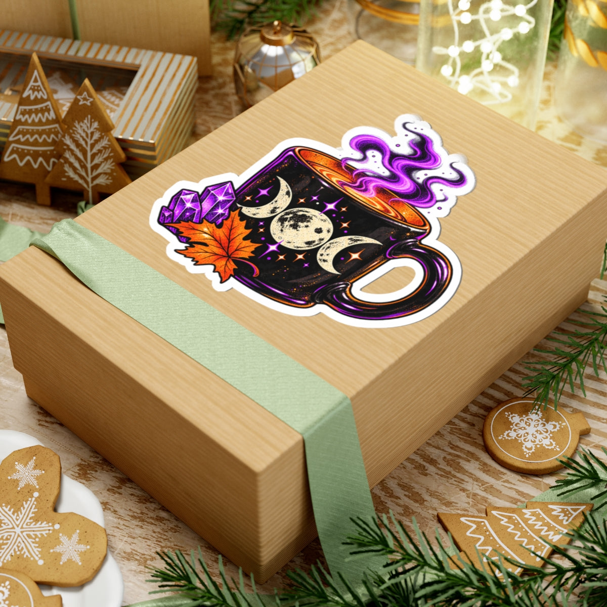 Triple Moon Mug sticker | Witchy Autumn coffee, crystals, purple steam