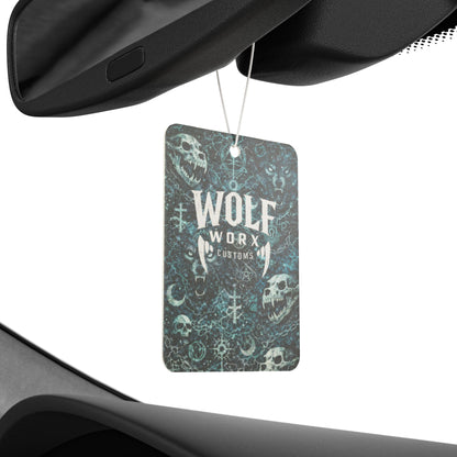 Wolf Worx Customs Car Air Freshener — Gothic Wolf & Skull Scented Ornament