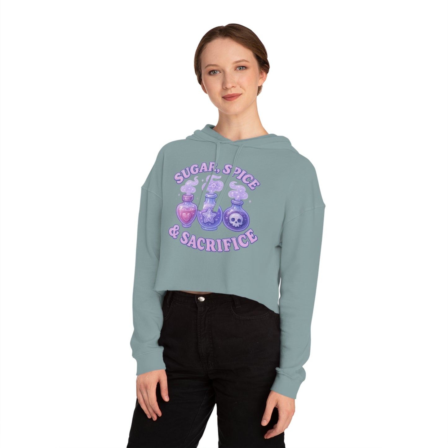 Sugar, Spice & Sacrifice cropped hoodie | Potion bottles witchy graphic