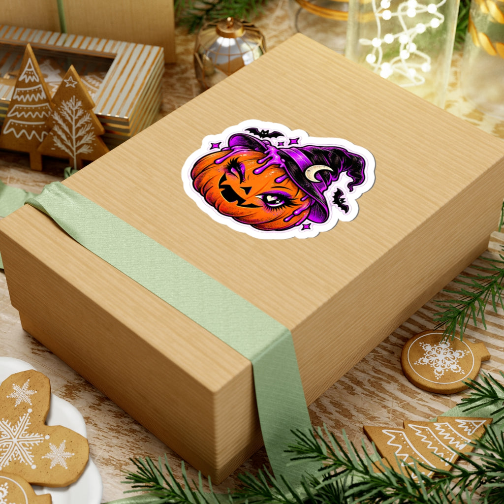 Winking Jack-o'-Lantern sticker | Kiss-Cut Sticker, Halloween witch hat pumpkin, purple drips
