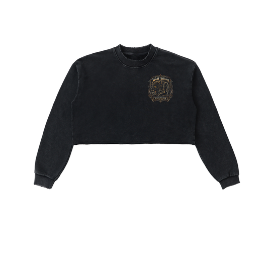 Fast & Feral Censored Pinstripe Snow Washed Raw Edge Cropped Sweatshirt