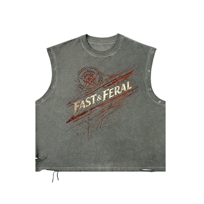 Fast & Feral Red Pentagram Distressed Grommet Eyelet Tank Top