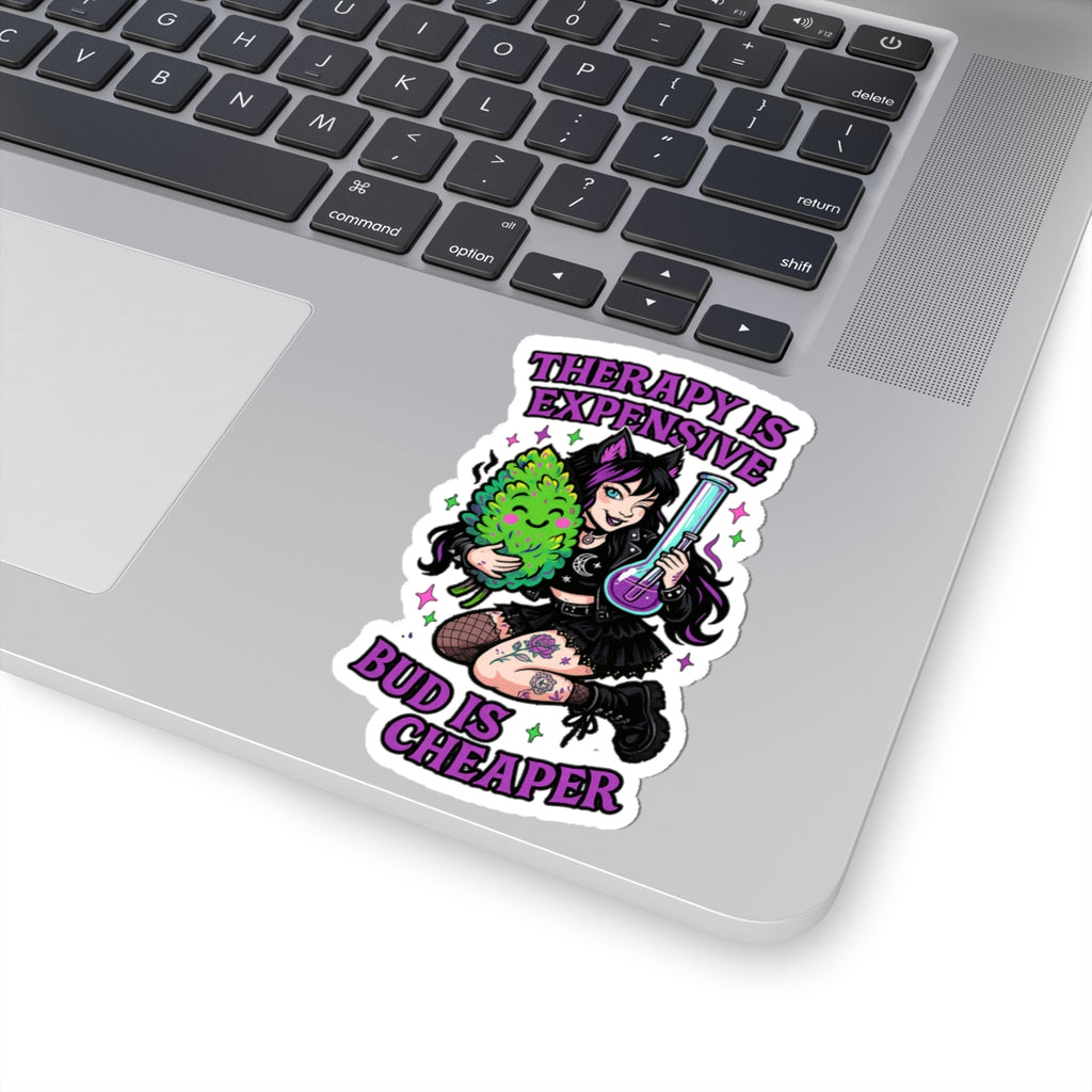 "Therapy Is Expensive, Bud Is Cheaper" Cute Cannabis Therapy Stickers | Funky Decal for Water Bottles, Laptops, Mugs | Perfect for Cannabis Lovers, Gifts, Self-Care