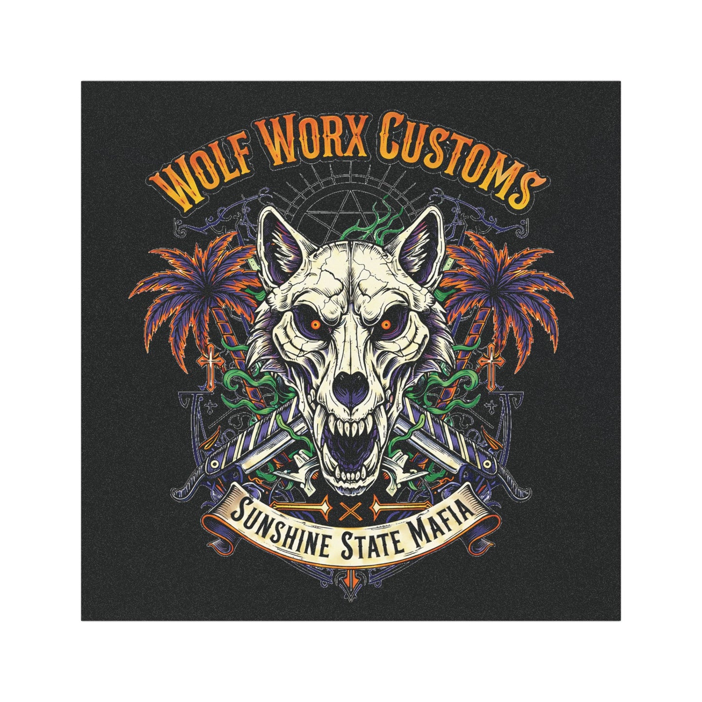 Wolf Worx Customs 'Sunshine State Mafia' Car Magnet — Skull Wolf Palm Trees